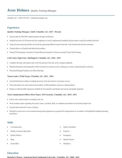 Quality Training Manager Resume