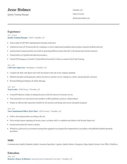 Quality Training Manager Resume