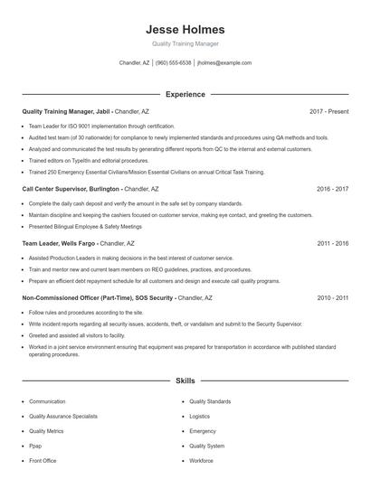 Quality Training Manager Resume