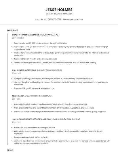 Quality Training Manager Resume