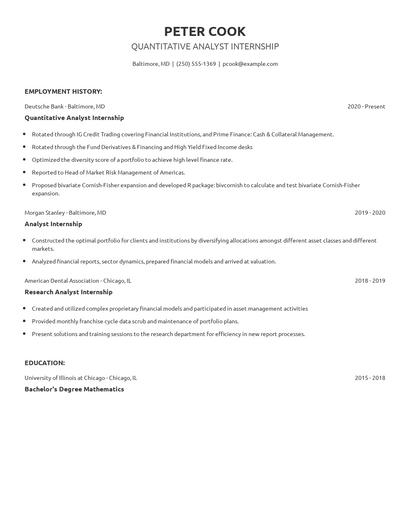 Quantitative Analyst Internship Resume