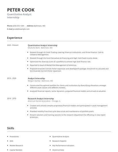 Quantitative Analyst Internship Resume