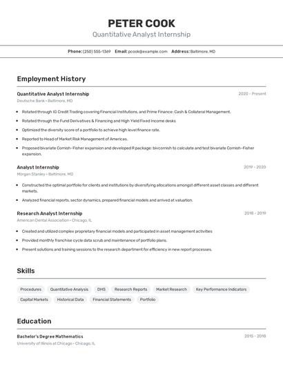 Quantitative Analyst Internship Resume