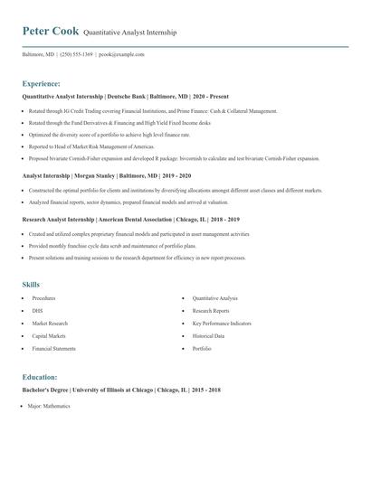 Quantitative Analyst Internship Resume