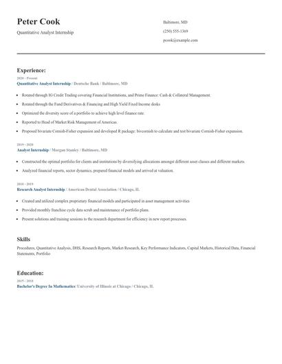 Quantitative Analyst Internship Resume