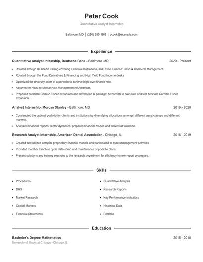 Quantitative Analyst Internship Resume