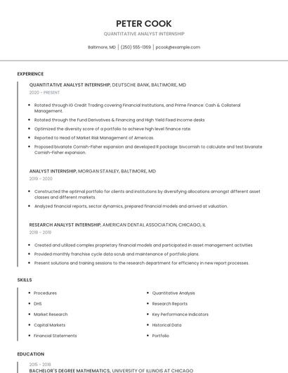Quantitative Analyst Internship Resume