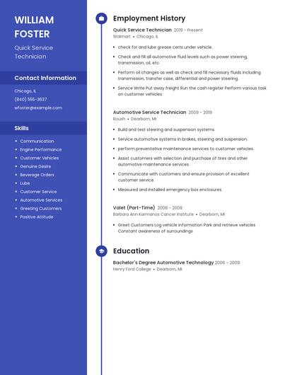 Quick Service Technician Resume
