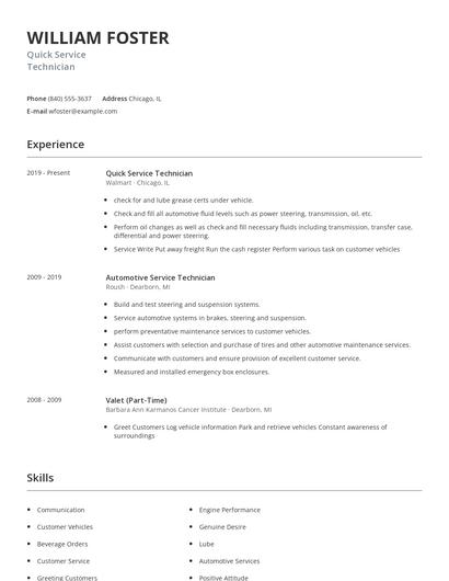 Quick Service Technician Resume