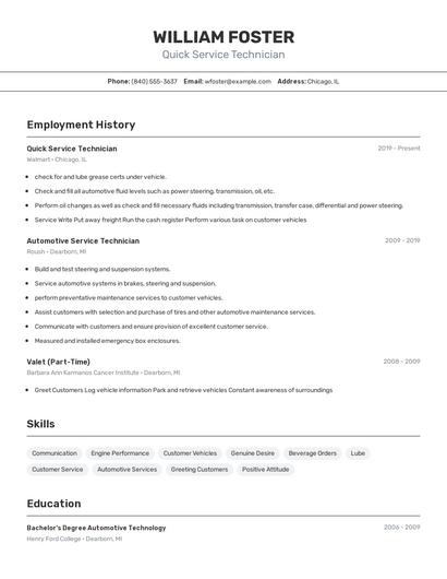 Quick Service Technician Resume