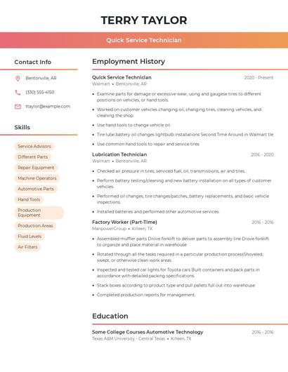 Quick Service Technician Resume