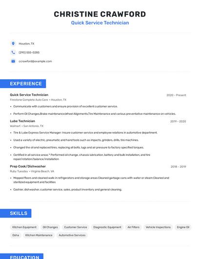 Quick Service Technician Resume