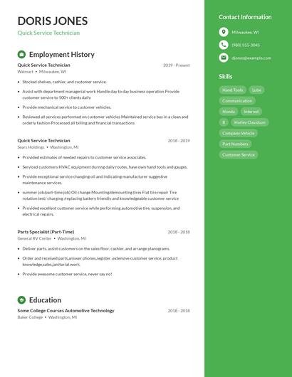 Quick Service Technician Resume