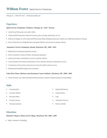Quick Service Technician Resume