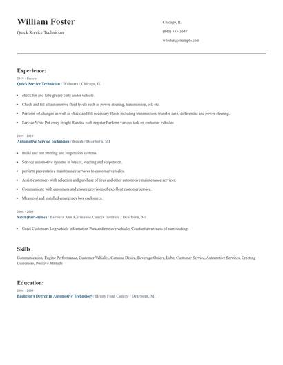 Quick Service Technician Resume