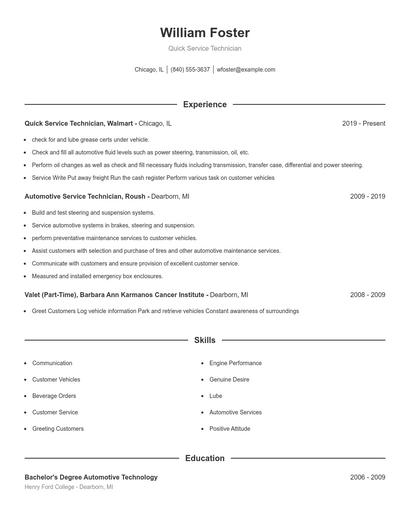 Quick Service Technician Resume