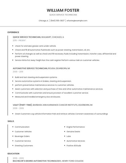 Quick Service Technician Resume