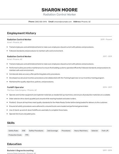 Radiation Control Worker Resume