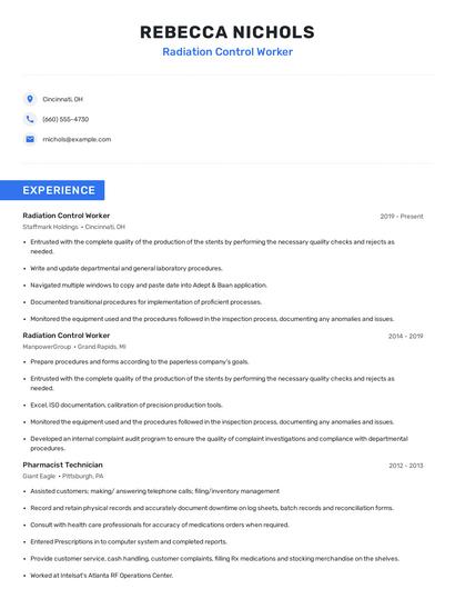 Radiation Control Worker Resume
