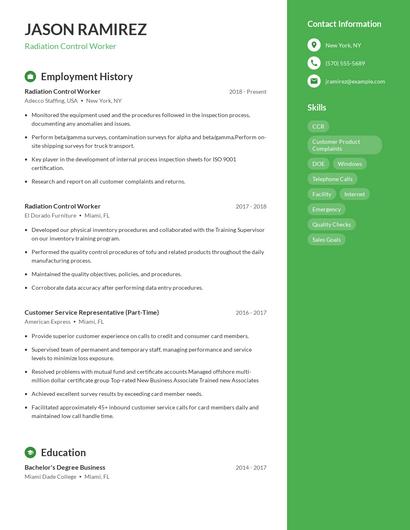 Radiation Control Worker Resume