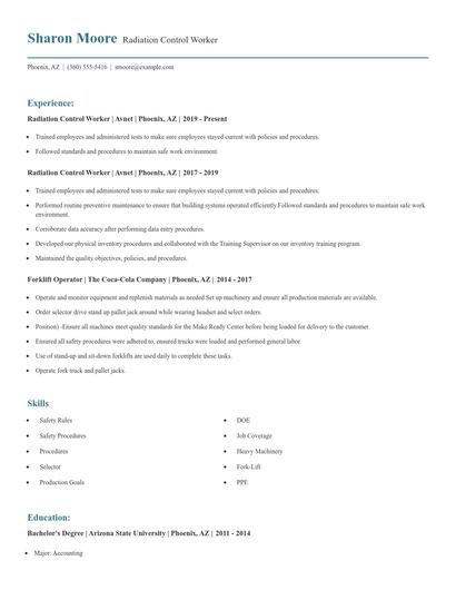 Radiation Control Worker Resume