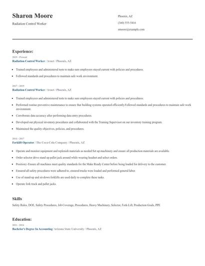 Radiation Control Worker Resume