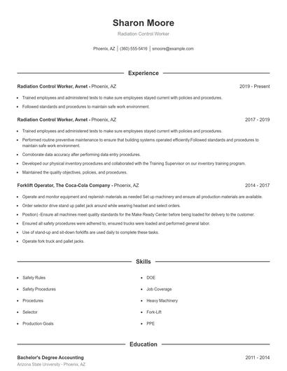 Radiation Control Worker Resume