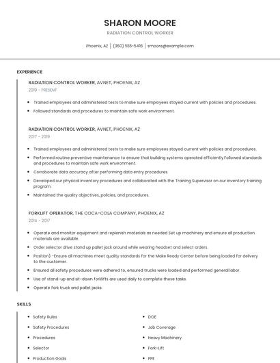 Radiation Control Worker Resume
