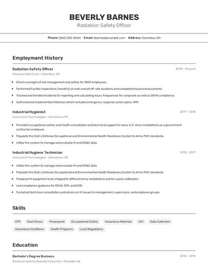 Radiation Safety Officer Resume