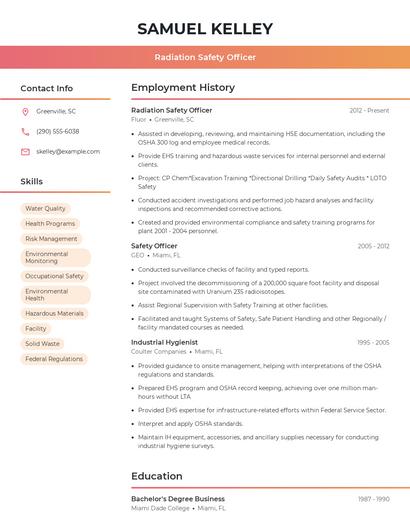 Radiation Safety Officer Resume