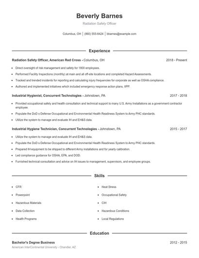 Radiation Safety Officer Resume