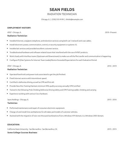 Radiation Technician Resume