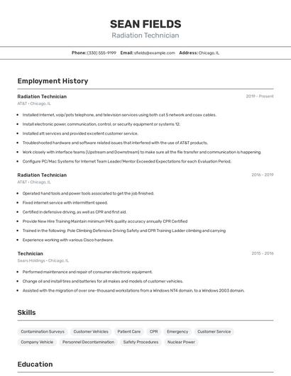 Radiation Technician Resume