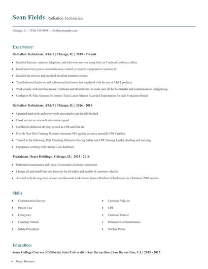 Radiation Technician Resume