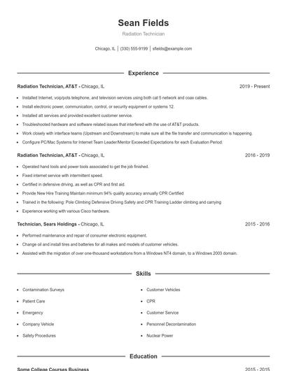 Radiation Technician Resume