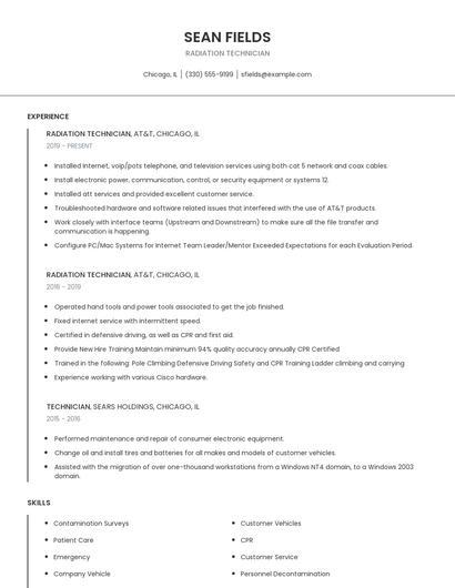 Radiation Technician Resume