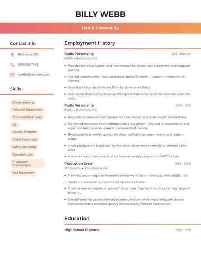 Radio Personality Resume