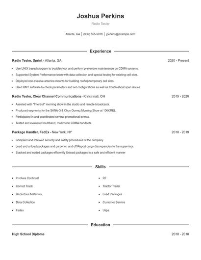 Radio Tester Resume
