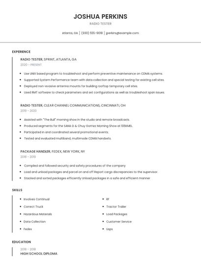 Radio Tester Resume