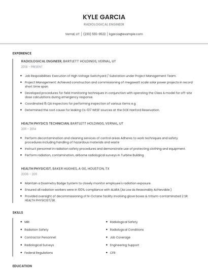 Radiological Engineer Resume