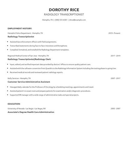 Radiology Transcriptionist Resume