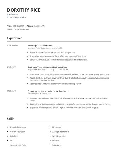 Radiology Transcriptionist Resume