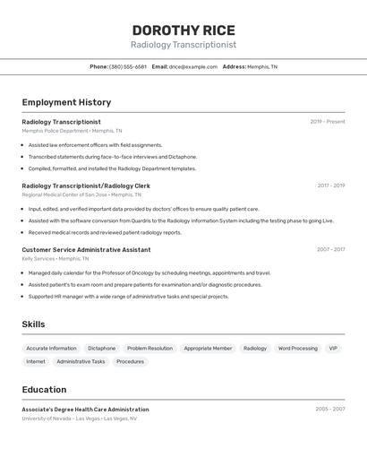 Radiology Transcriptionist Resume