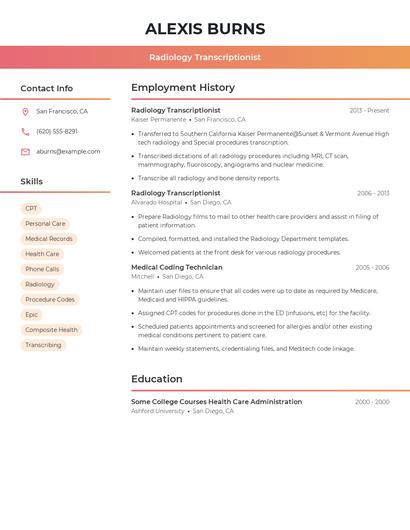 Radiology Transcriptionist Resume