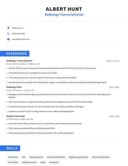Radiology Transcriptionist Resume