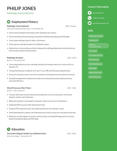 Radiology Transcriptionist Resume