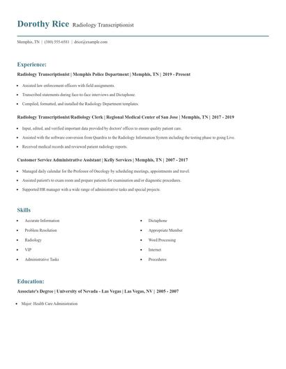 Radiology Transcriptionist Resume