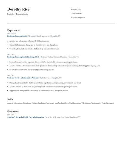 Radiology Transcriptionist Resume