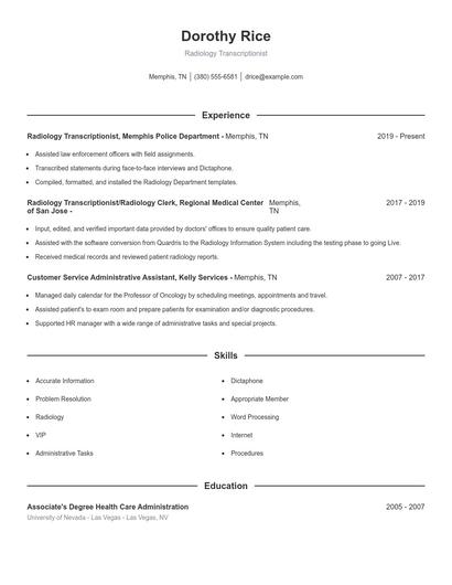 Radiology Transcriptionist Resume