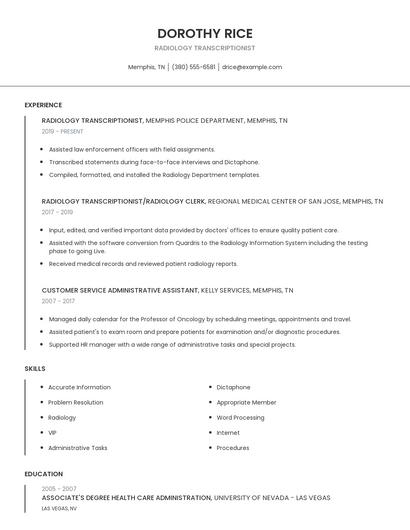 Radiology Transcriptionist Resume